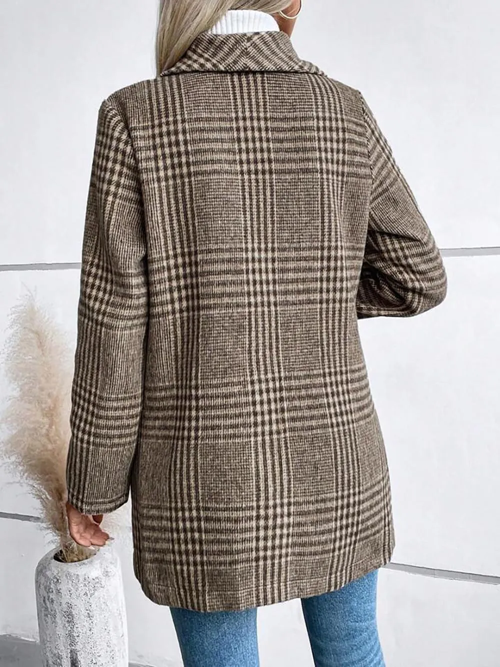 chouyatou Women's Vintage Plaid Blazer Wool Coat Elegant Shawl Collar Wool Blend Trench Pea Coat