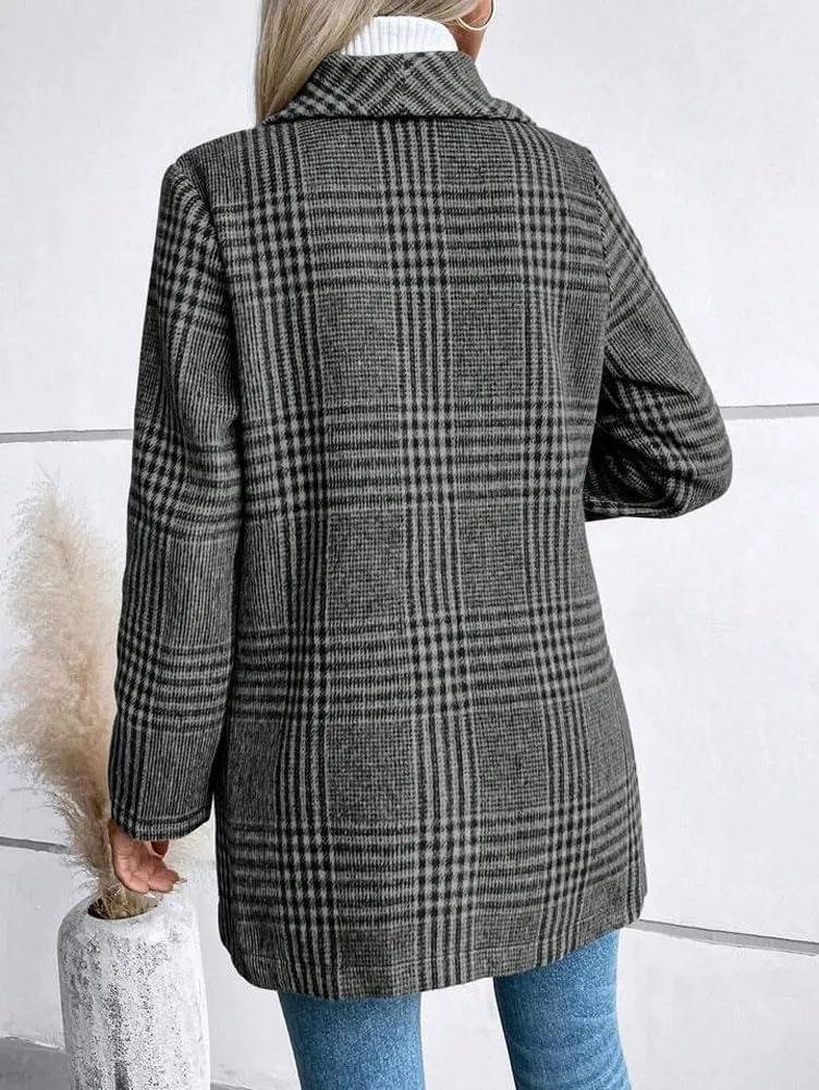 chouyatou Women's Vintage Plaid Blazer Wool Coat Elegant Shawl Collar Wool Blend Trench Pea Coat