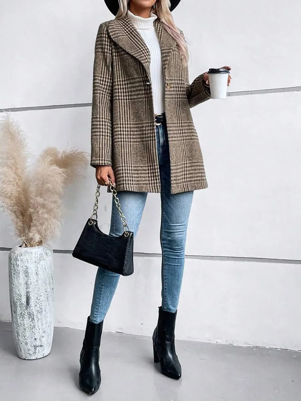 chouyatou Women's Vintage Plaid Blazer Wool Coat Elegant Shawl Collar Wool Blend Trench Pea Coat
