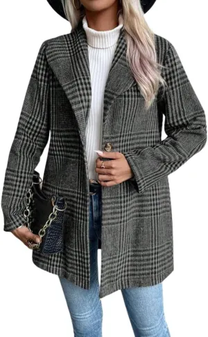 chouyatou Women's Vintage Plaid Blazer Wool Coat Elegant Shawl Collar Wool Blend Trench Pea Coat