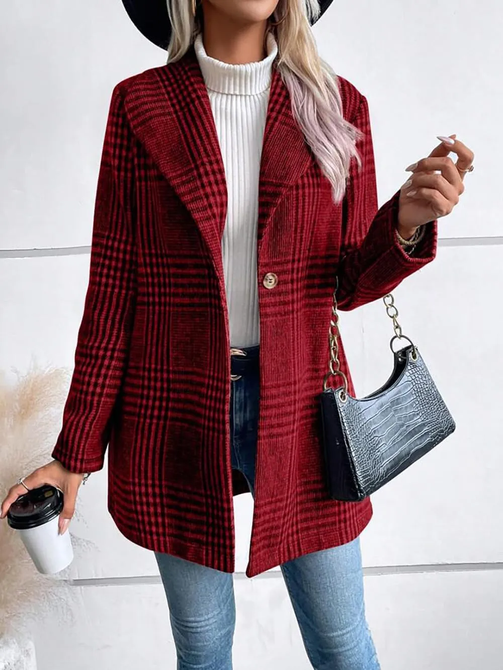 chouyatou Women's Vintage Plaid Blazer Wool Coat Elegant Shawl Collar Wool Blend Trench Pea Coat