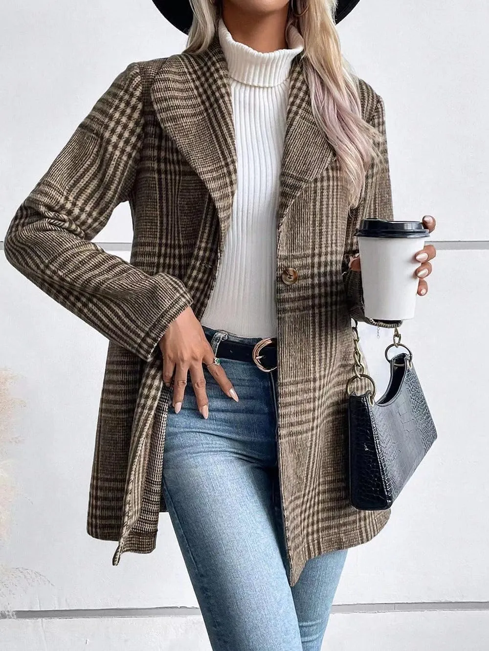 chouyatou Women's Vintage Plaid Blazer Wool Coat Elegant Shawl Collar Wool Blend Trench Pea Coat