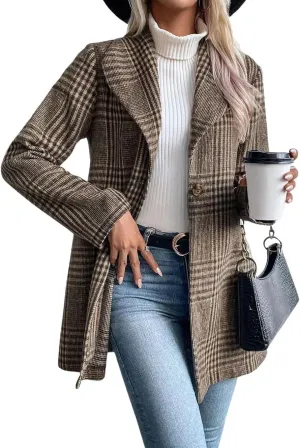 chouyatou Women's Vintage Plaid Blazer Wool Coat Elegant Shawl Collar Wool Blend Trench Pea Coat