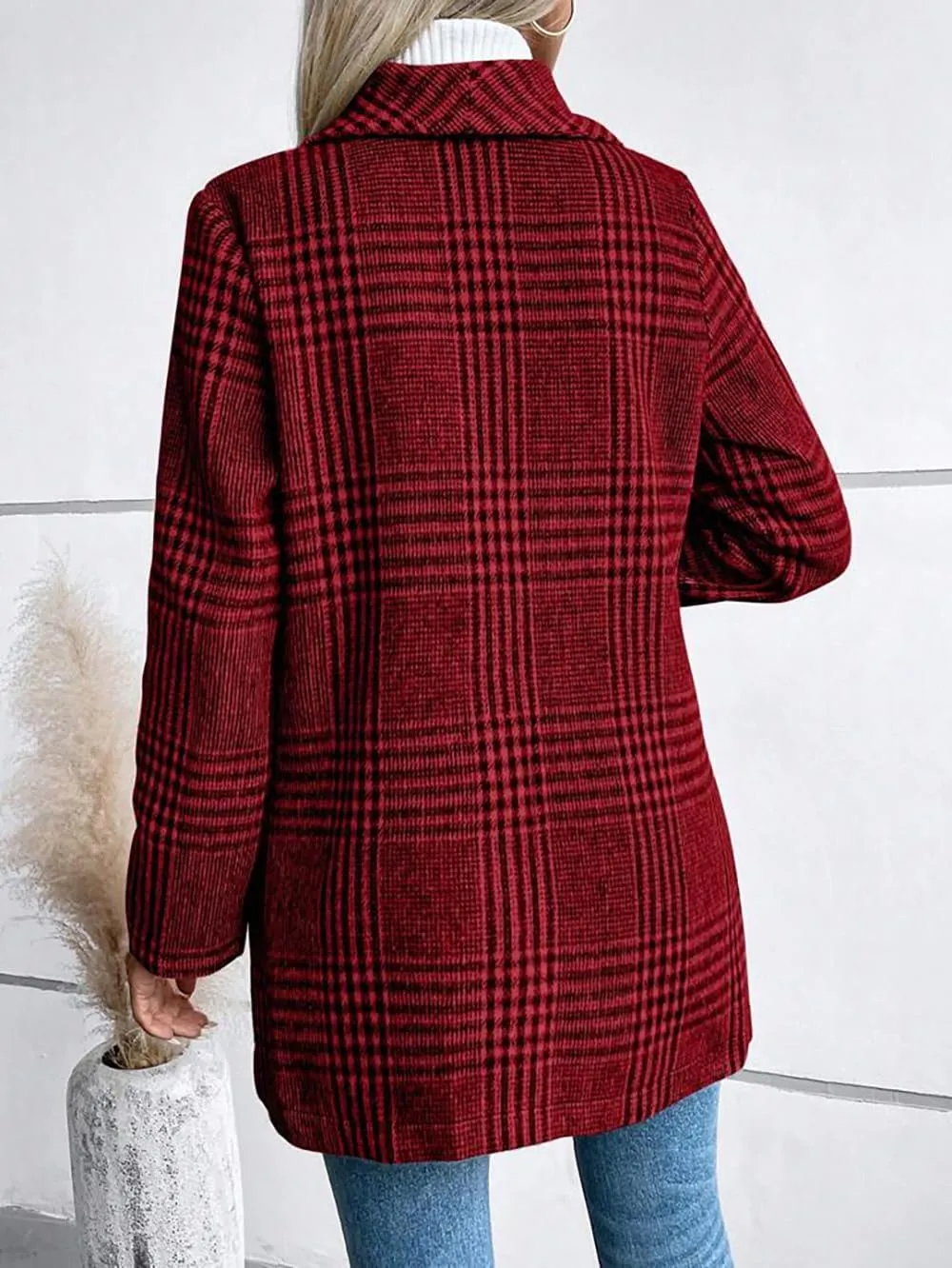 chouyatou Women's Vintage Plaid Blazer Wool Coat Elegant Shawl Collar Wool Blend Trench Pea Coat
