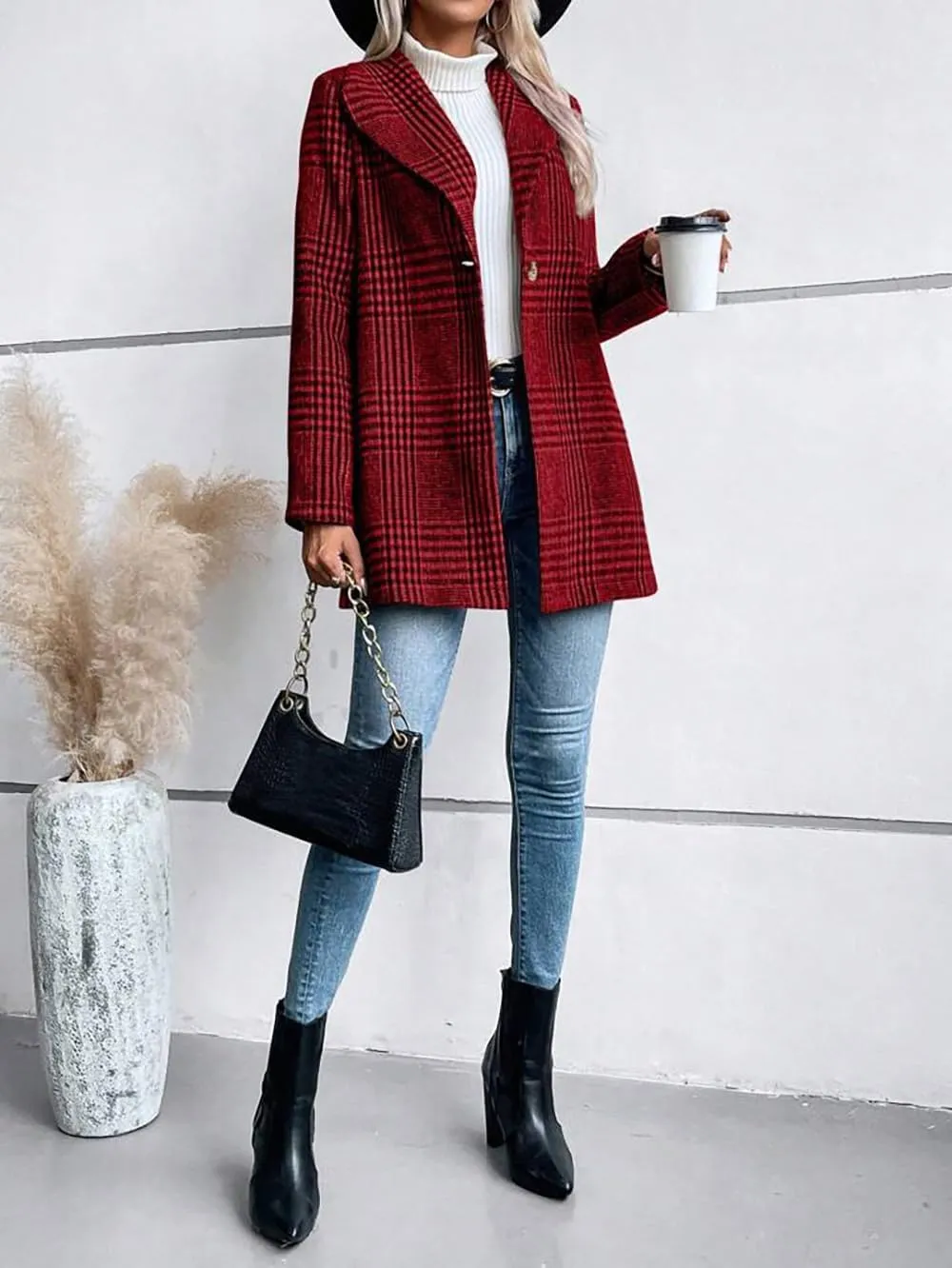 chouyatou Women's Vintage Plaid Blazer Wool Coat Elegant Shawl Collar Wool Blend Trench Pea Coat