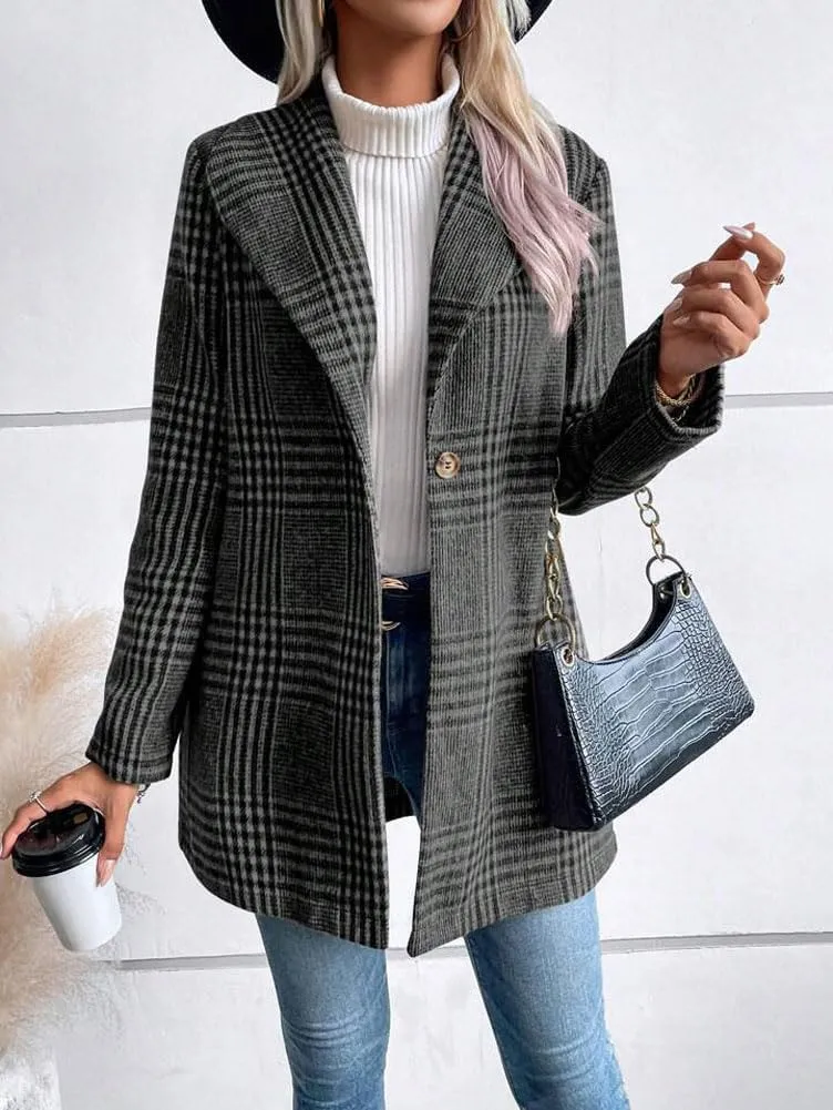 chouyatou Women's Vintage Plaid Blazer Wool Coat Elegant Shawl Collar Wool Blend Trench Pea Coat