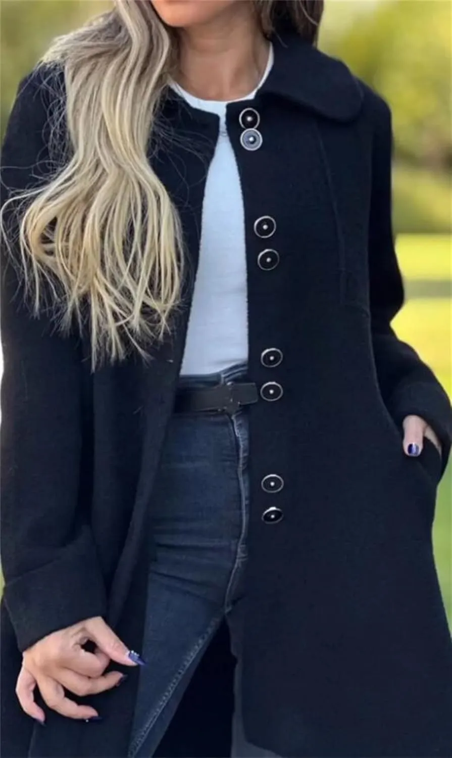chouyatou Women's Winter Casual Lapel Collared Single Breasted Wool Pea Coat Elegant Wool Blend Overcoat