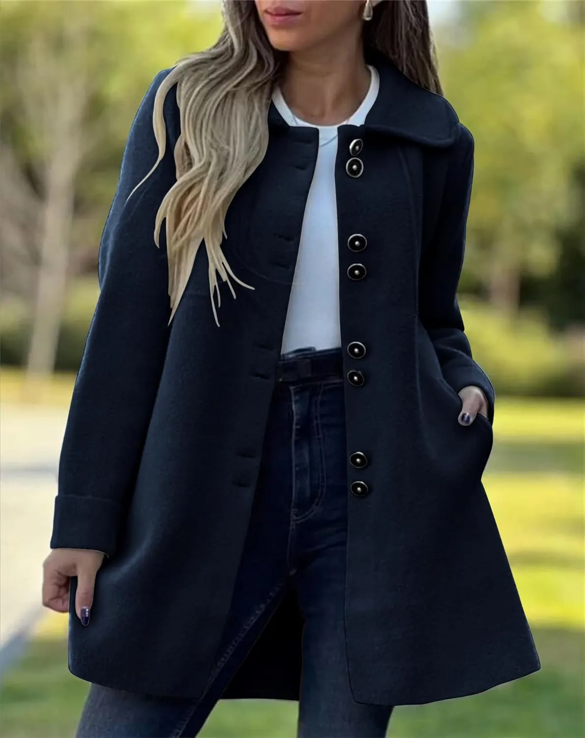 chouyatou Women's Winter Casual Lapel Collared Single Breasted Wool Pea Coat Elegant Wool Blend Overcoat