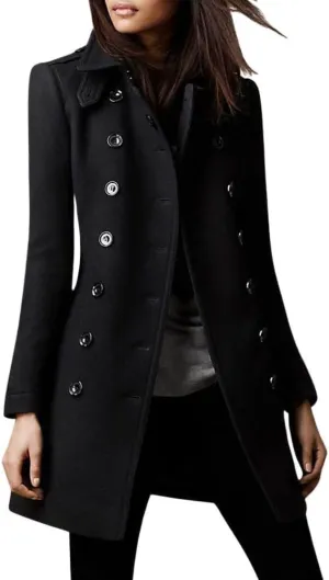 chouyatou Women's Winter Double Breasted Wool Coat Elegant Collared Wool Blend Trench Pea Coat