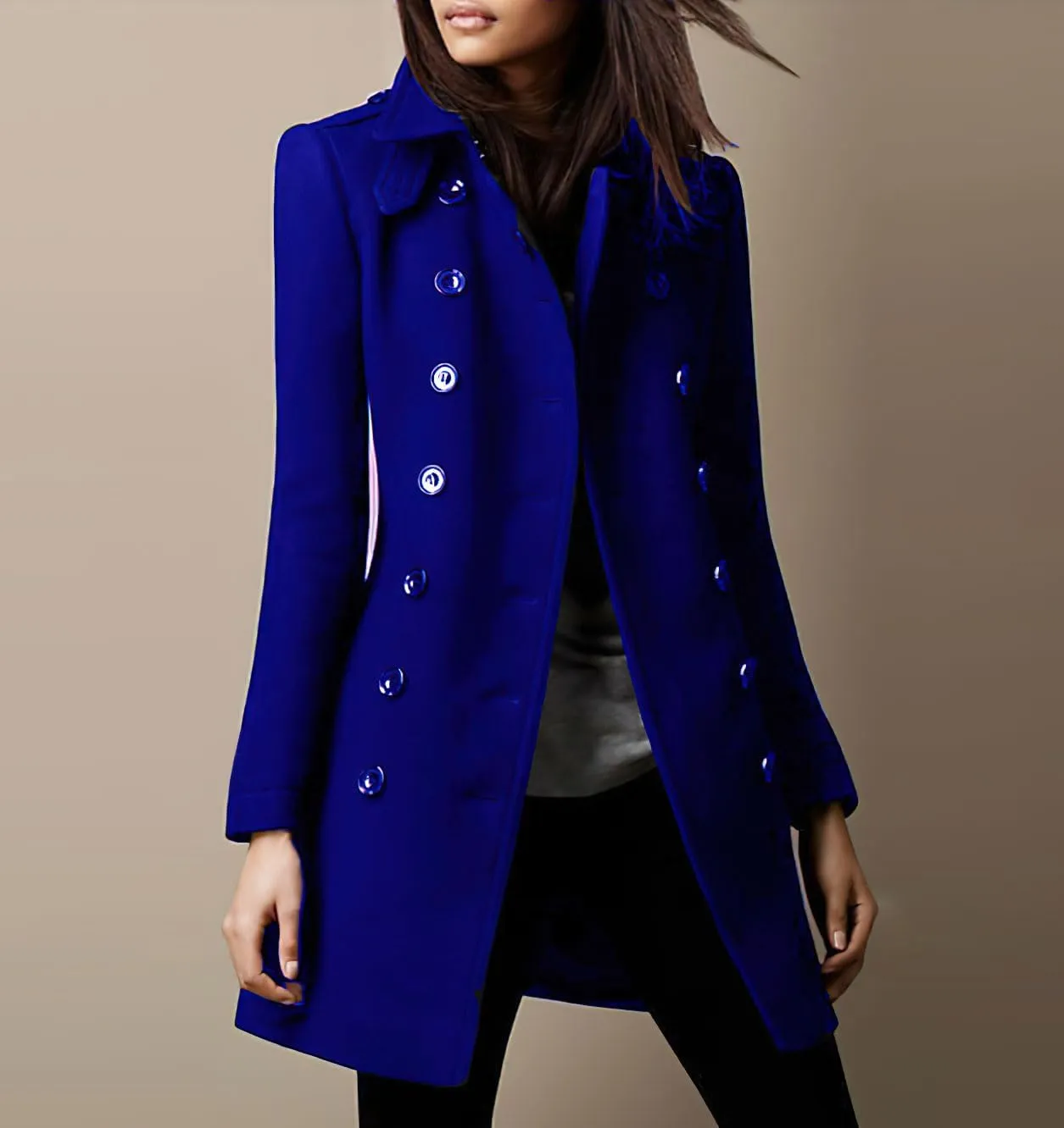 chouyatou Women's Winter Double Breasted Wool Coat Elegant Collared Wool Blend Trench Pea Coat