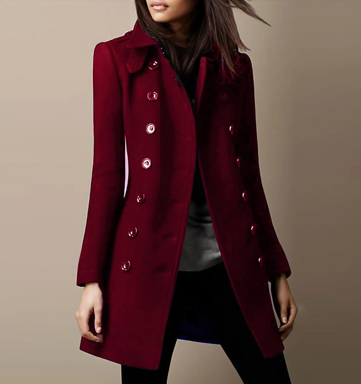 chouyatou Women's Winter Double Breasted Wool Coat Elegant Collared Wool Blend Trench Pea Coat