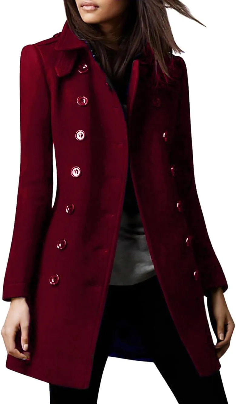 chouyatou Women's Winter Double Breasted Wool Coat Elegant Collared Wool Blend Trench Pea Coat
