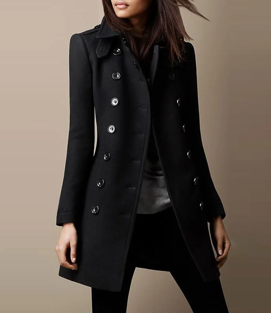 chouyatou Women's Winter Double Breasted Wool Coat Elegant Collared Wool Blend Trench Pea Coat