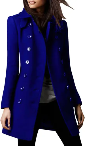 chouyatou Women's Winter Double Breasted Wool Coat Elegant Collared Wool Blend Trench Pea Coat