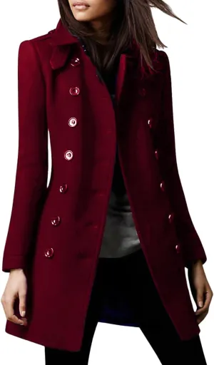 chouyatou Women's Winter Double Breasted Wool Coat Elegant Collared Wool Blend Trench Pea Coat