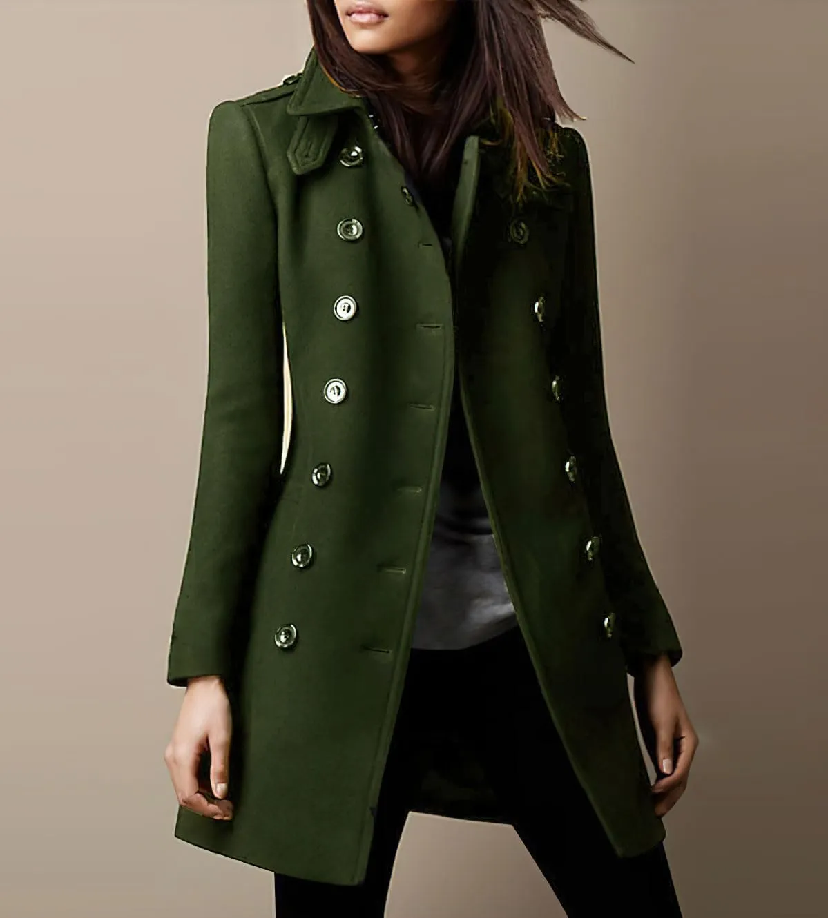 chouyatou Women's Winter Double Breasted Wool Coat Elegant Collared Wool Blend Trench Pea Coat