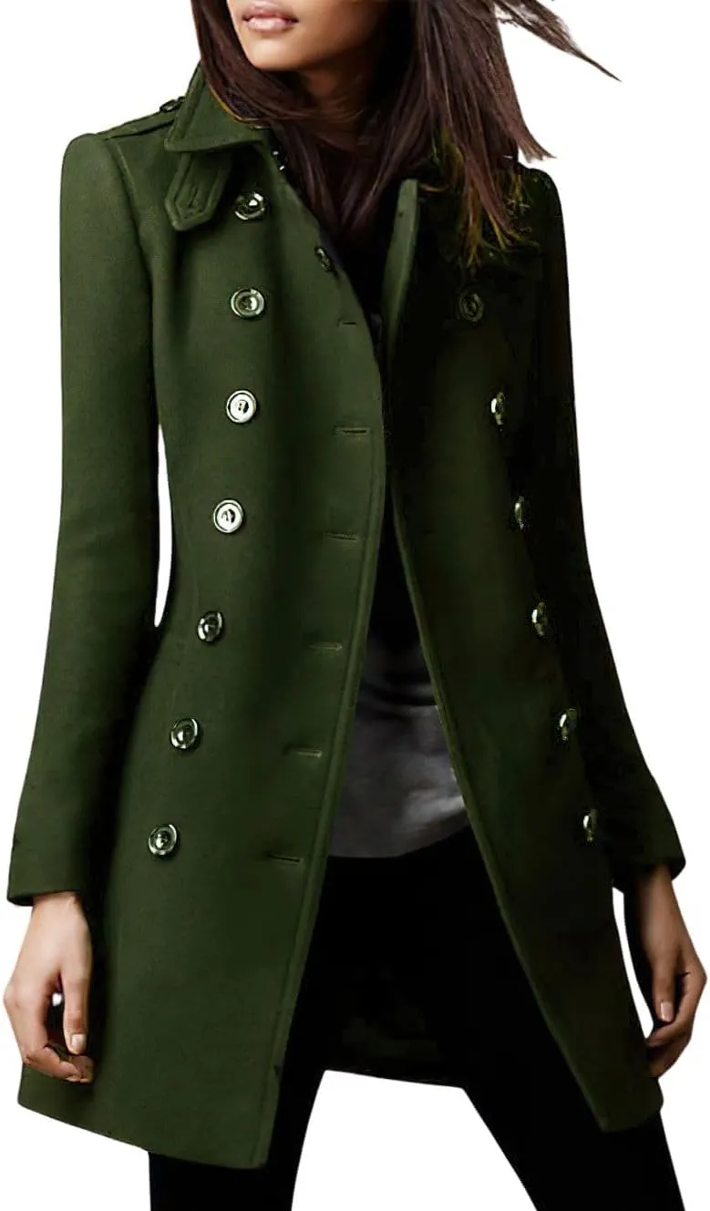 chouyatou Women's Winter Double Breasted Wool Coat Elegant Collared Wool Blend Trench Pea Coat