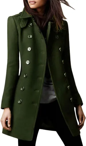 chouyatou Women's Winter Double Breasted Wool Coat Elegant Collared Wool Blend Trench Pea Coat