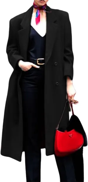 chouyatou Women's Winter Elegant Lapel Double Breasted Office Work Wool Blend Trench Pea Coat Overcoat