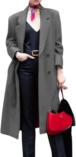 chouyatou Women's Winter Elegant Lapel Double Breasted Office Work Wool Blend Trench Pea Coat Overcoat
