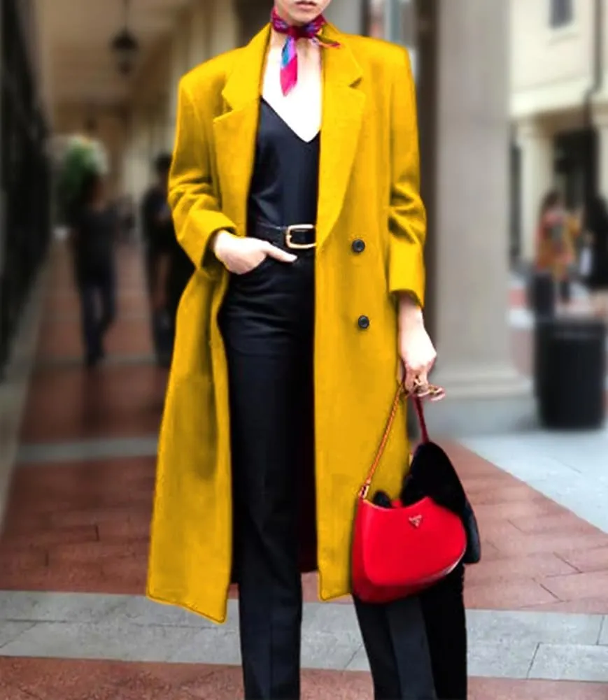 chouyatou Women's Winter Elegant Lapel Double Breasted Office Work Wool Blend Trench Pea Coat Overcoat