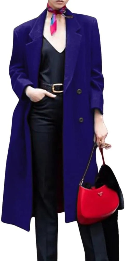 chouyatou Women's Winter Elegant Lapel Double Breasted Office Work Wool Blend Trench Pea Coat Overcoat