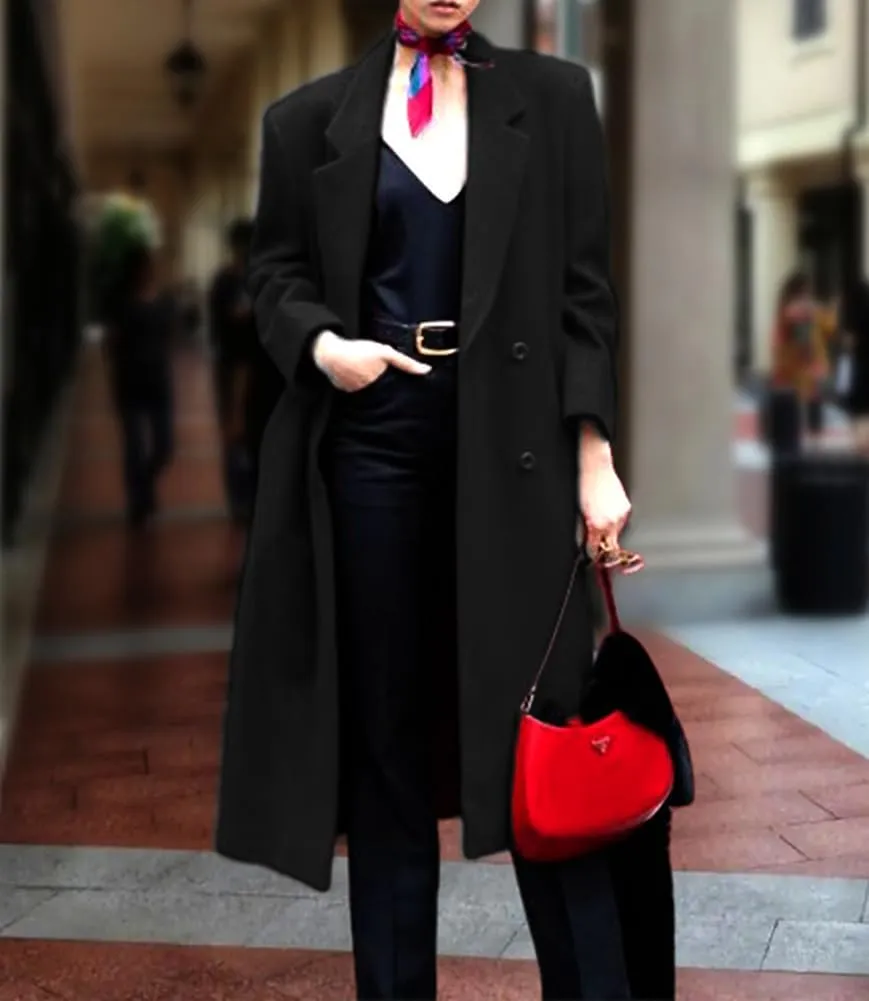 chouyatou Women's Winter Elegant Lapel Double Breasted Office Work Wool Blend Trench Pea Coat Overcoat