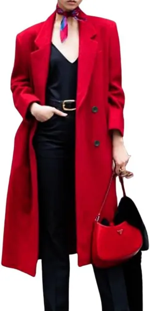 chouyatou Women's Winter Elegant Lapel Double Breasted Office Work Wool Blend Trench Pea Coat Overcoat