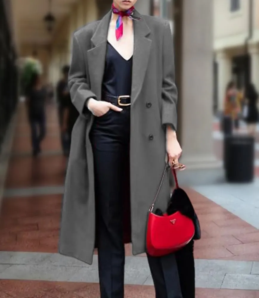 chouyatou Women's Winter Elegant Lapel Double Breasted Office Work Wool Blend Trench Pea Coat Overcoat