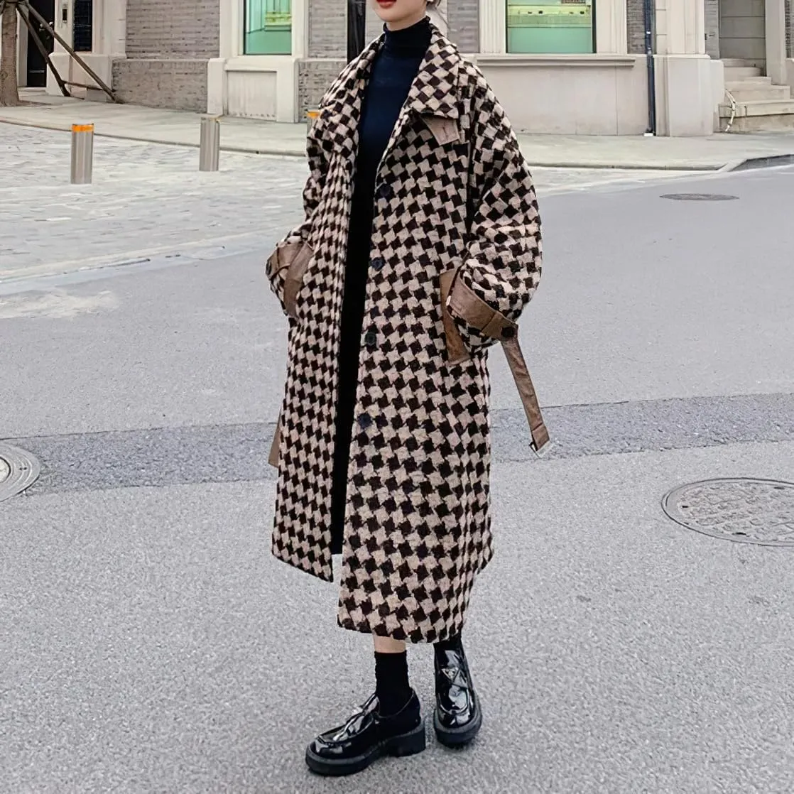 chouyatou Women's Winter Elegant Plaid Wool Blend Overcoat Lapel Vintage Mid Long Trench Coat with Belt