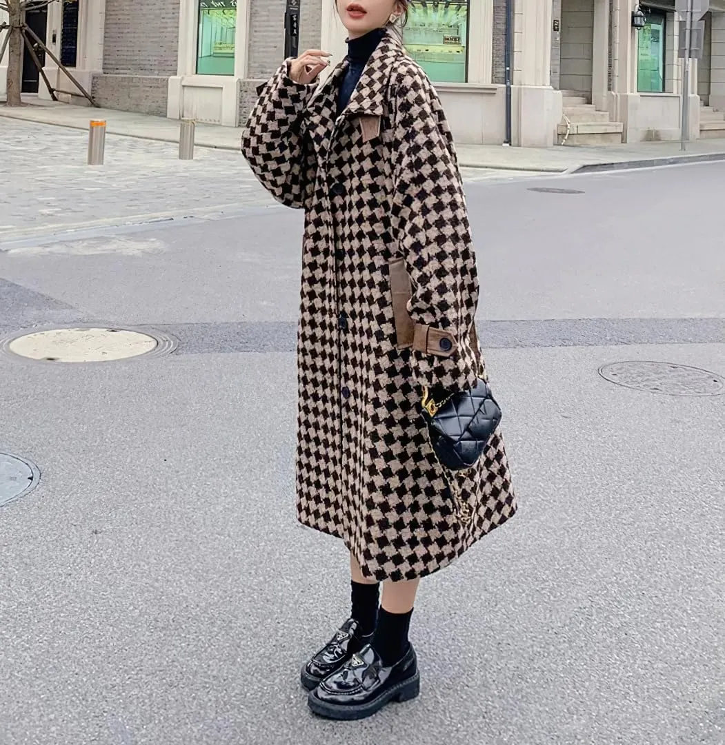 chouyatou Women's Winter Elegant Plaid Wool Blend Overcoat Lapel Vintage Mid Long Trench Coat with Belt