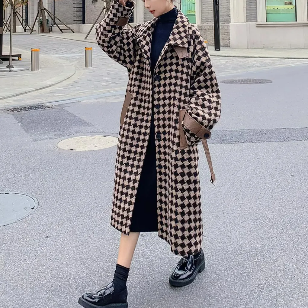 chouyatou Women's Winter Elegant Plaid Wool Blend Overcoat Lapel Vintage Mid Long Trench Coat with Belt