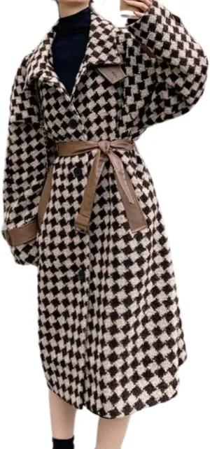 chouyatou Women's Winter Elegant Plaid Wool Blend Overcoat Lapel Vintage Mid Long Trench Coat with Belt