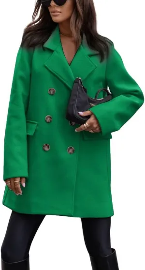 chouyatou Women's Winter Lapel Collar Double Breasted Office Work Wool Blend Trench Pea Coat Overcoat