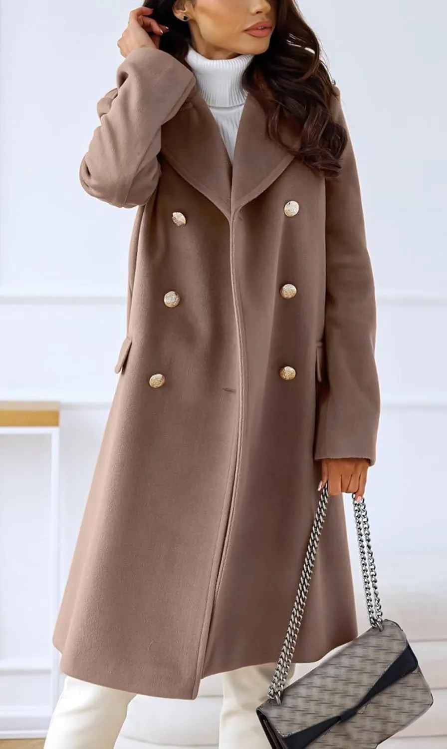 chouyatou Women's Winter Lapel Double Breasted Office Work Long Wool Pea Coat Overcoat