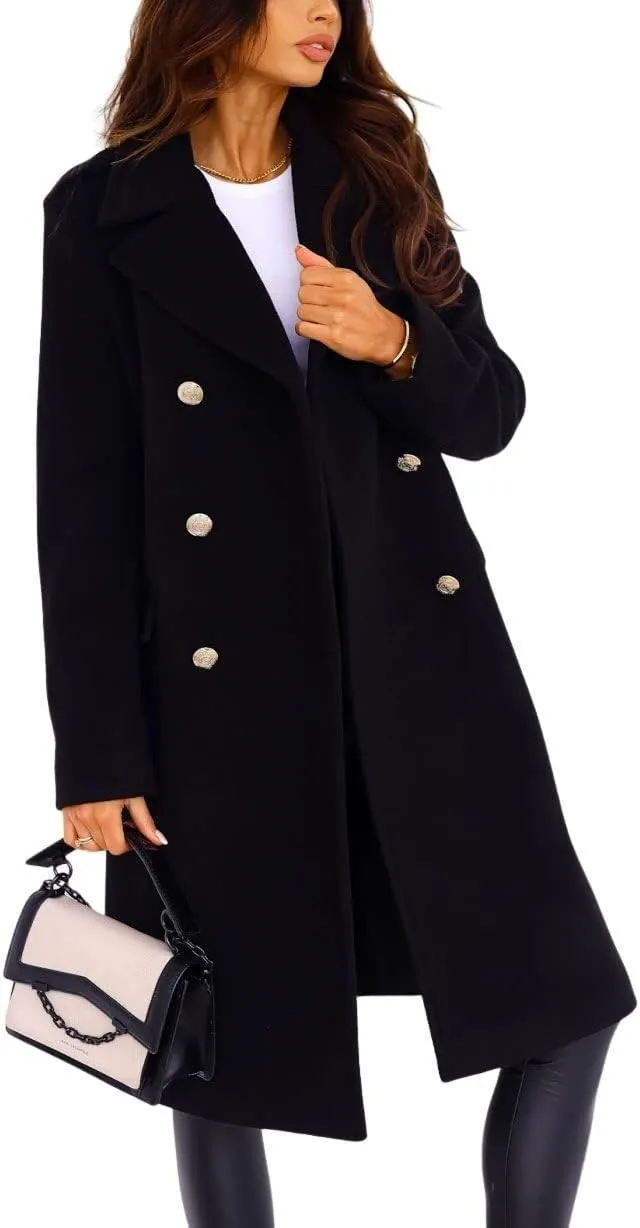 chouyatou Women's Winter Lapel Double Breasted Office Work Long Wool Pea Coat Overcoat