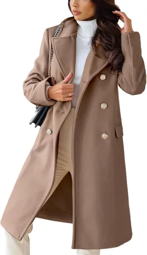 chouyatou Women's Winter Lapel Double Breasted Office Work Long Wool Pea Coat Overcoat