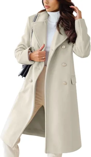 chouyatou Women's Winter Lapel Double Breasted Office Work Long Wool Pea Coat Overcoat