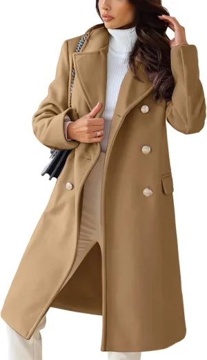 chouyatou Women's Winter Lapel Double Breasted Office Work Long Wool Pea Coat Overcoat