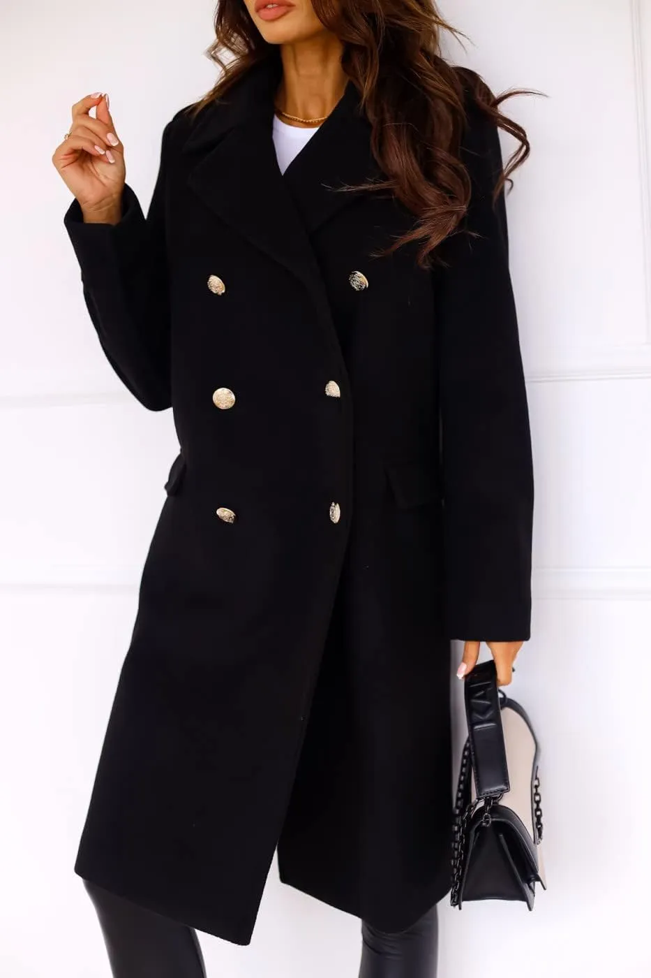 chouyatou Women's Winter Lapel Double Breasted Office Work Long Wool Pea Coat Overcoat