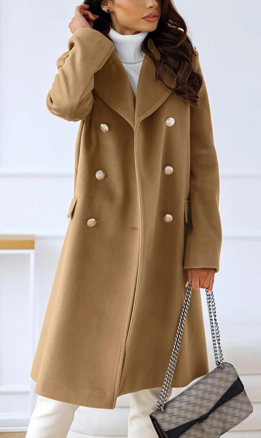chouyatou Women's Winter Lapel Double Breasted Office Work Long Wool Pea Coat Overcoat