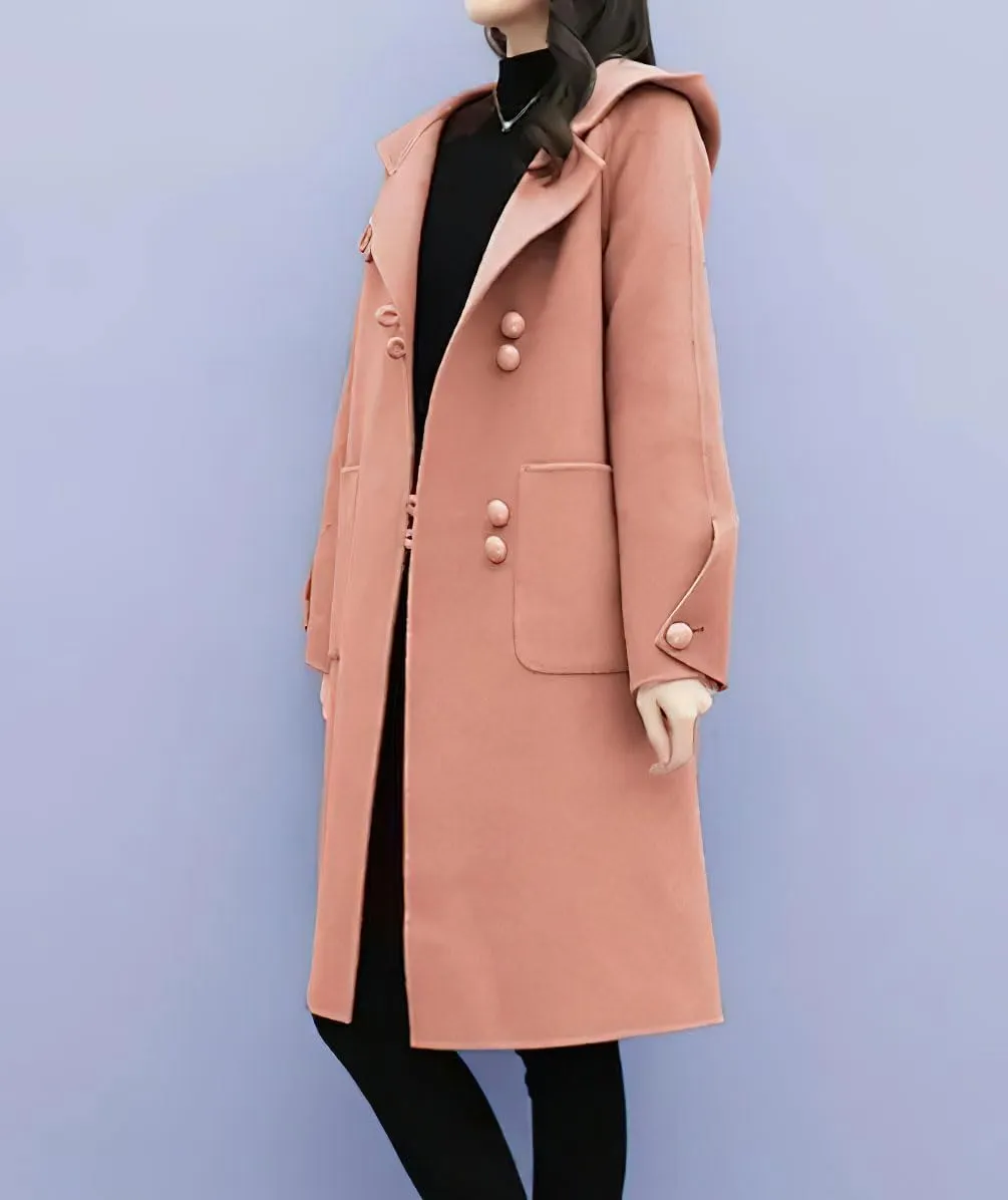 chouyatou Women's Winter Single Breasted Hooded Wool Coat Wool Blend Long Trench Pea Coat