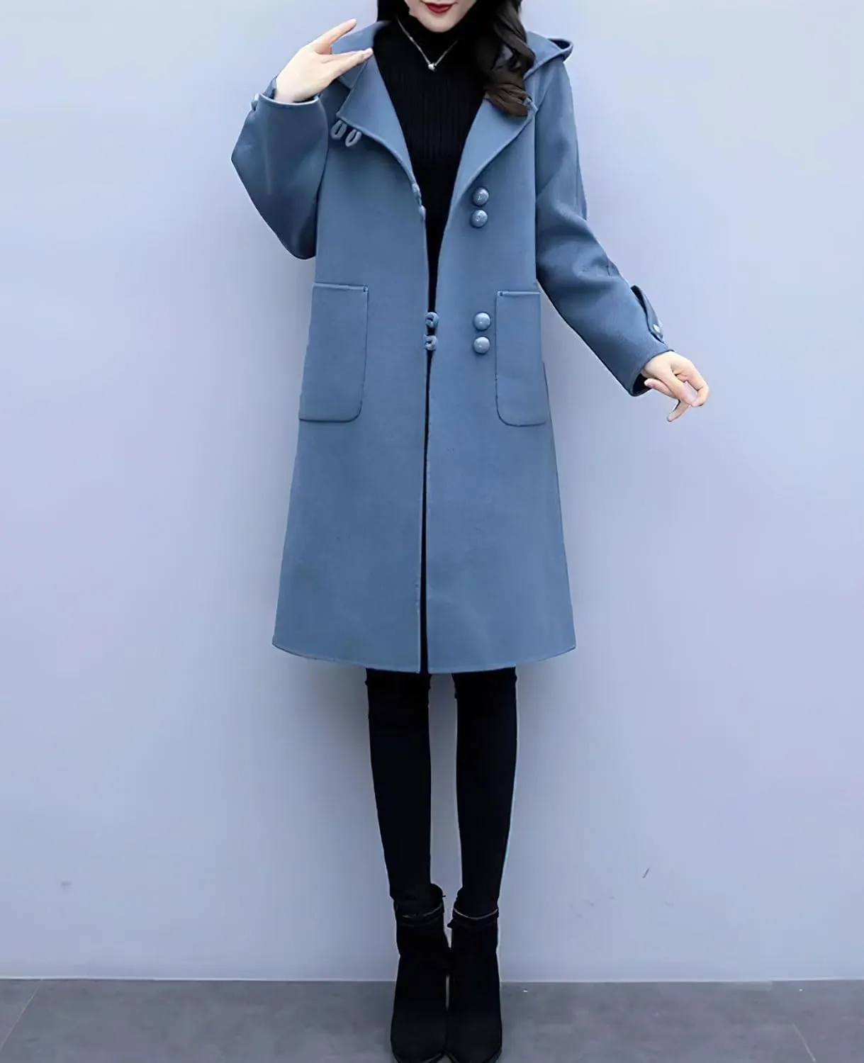 chouyatou Women's Winter Single Breasted Hooded Wool Coat Wool Blend Long Trench Pea Coat