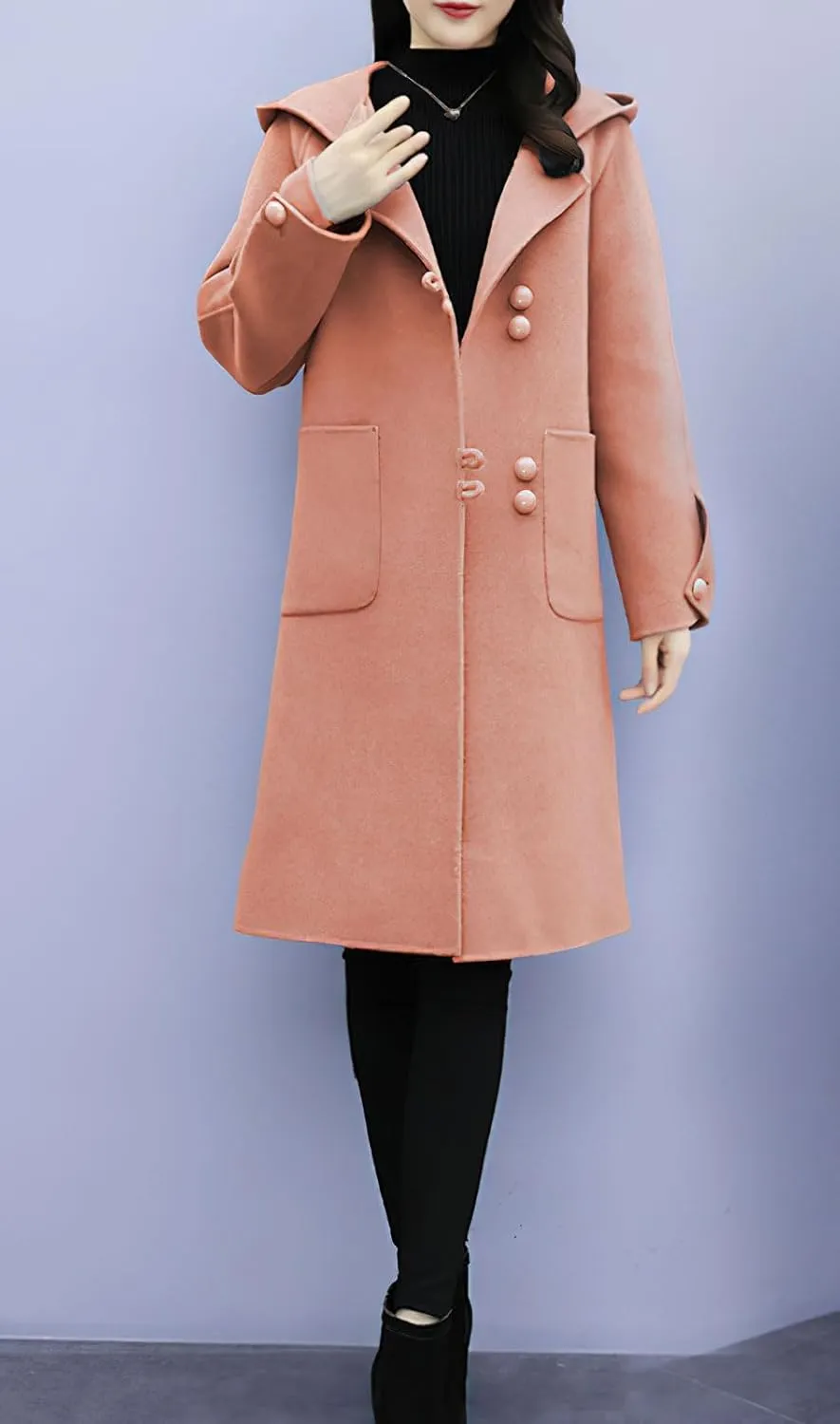 chouyatou Women's Winter Single Breasted Hooded Wool Coat Wool Blend Long Trench Pea Coat