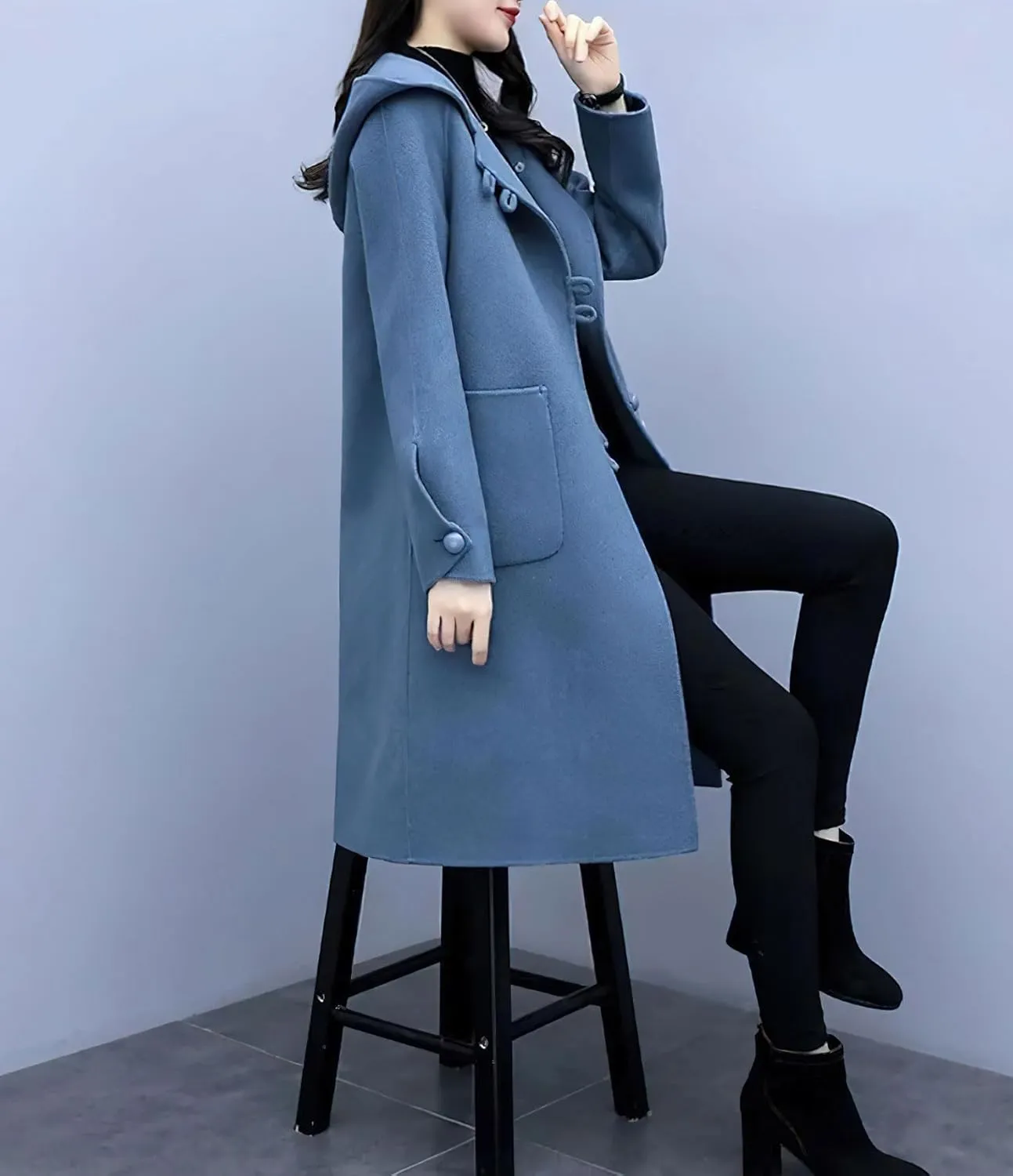 chouyatou Women's Winter Single Breasted Hooded Wool Coat Wool Blend Long Trench Pea Coat