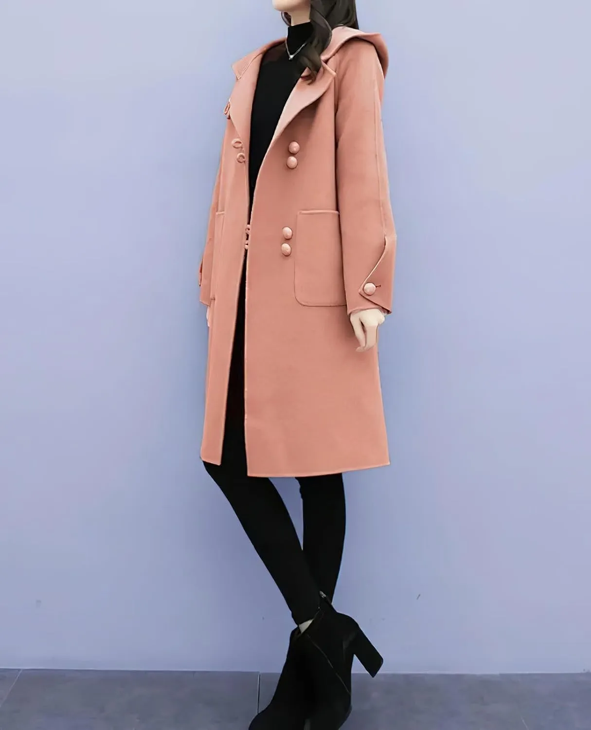 chouyatou Women's Winter Single Breasted Hooded Wool Coat Wool Blend Long Trench Pea Coat