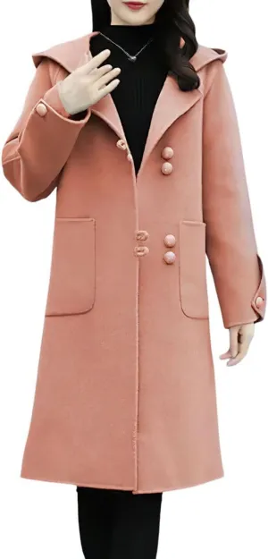 chouyatou Women's Winter Single Breasted Hooded Wool Coat Wool Blend Long Trench Pea Coat