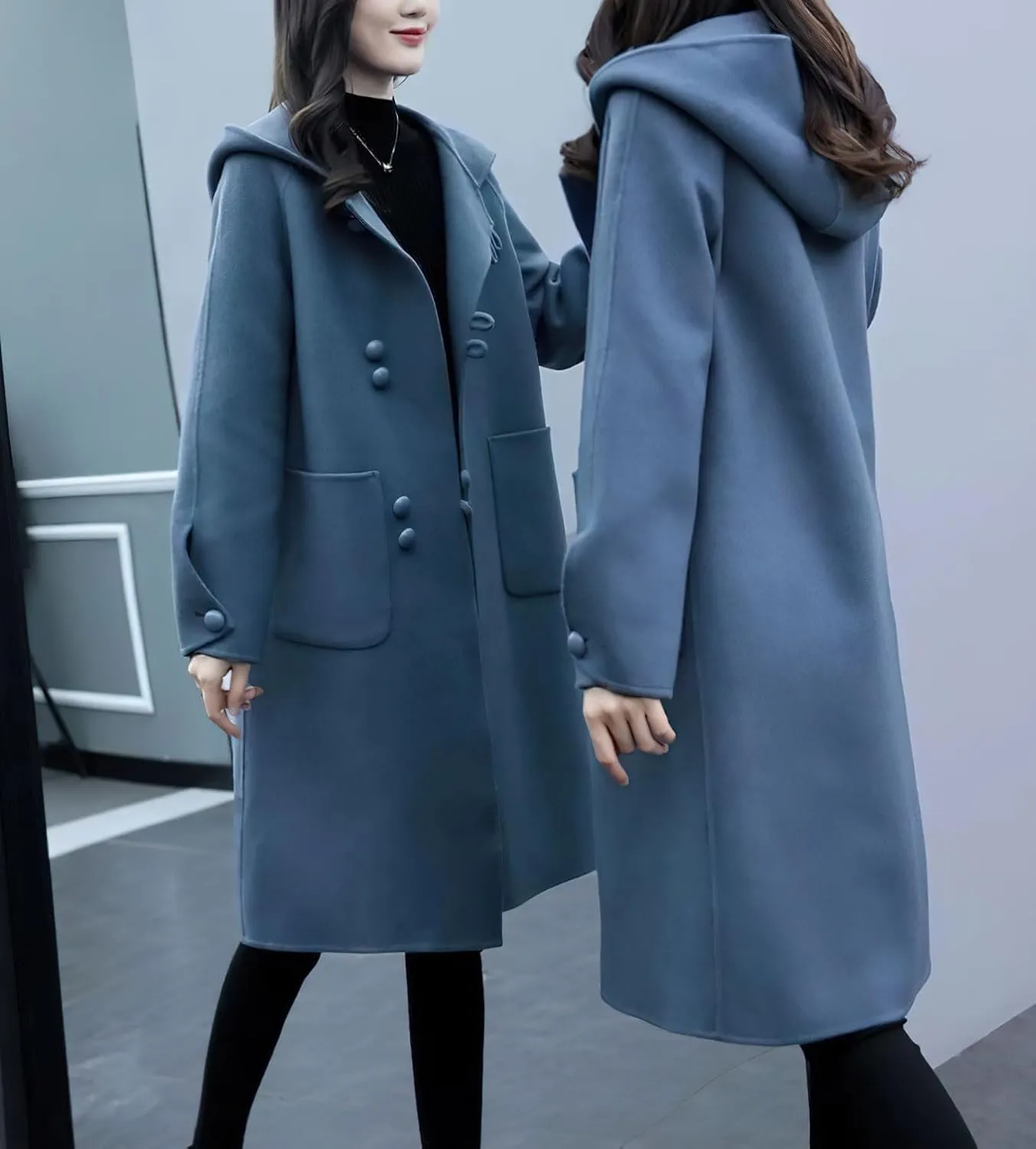 chouyatou Women's Winter Single Breasted Hooded Wool Coat Wool Blend Long Trench Pea Coat