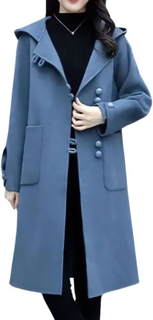chouyatou Women's Winter Single Breasted Hooded Wool Coat Wool Blend Long Trench Pea Coat