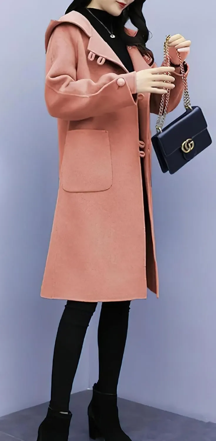 chouyatou Women's Winter Single Breasted Hooded Wool Coat Wool Blend Long Trench Pea Coat